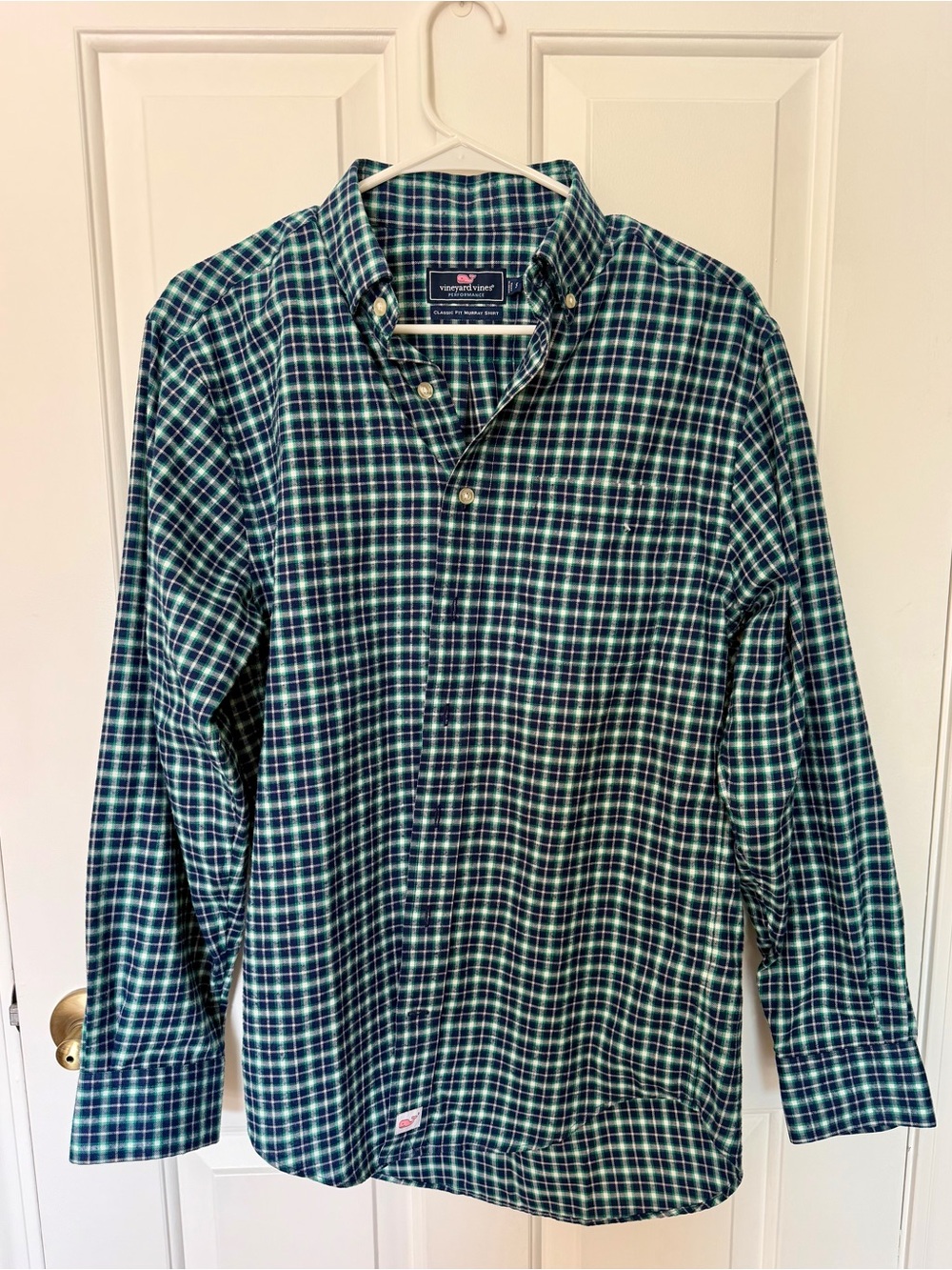 Vineyard Vines Navy and Green Plaid Button-Down Shirt